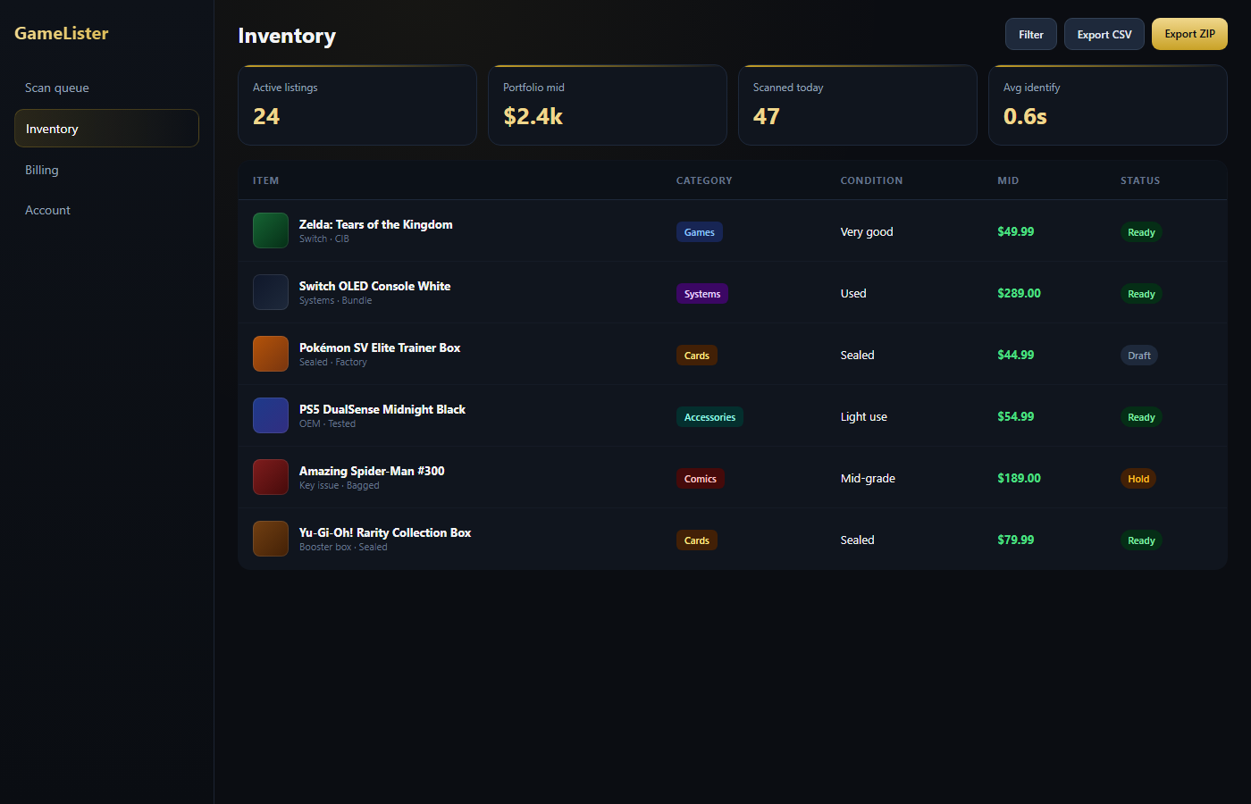 GameLister inventory with multi-category listings and prices