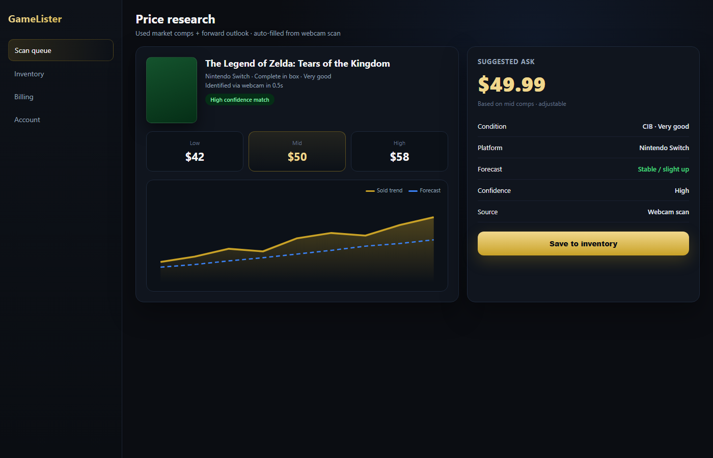 GameLister price research with comps chart and suggested ask