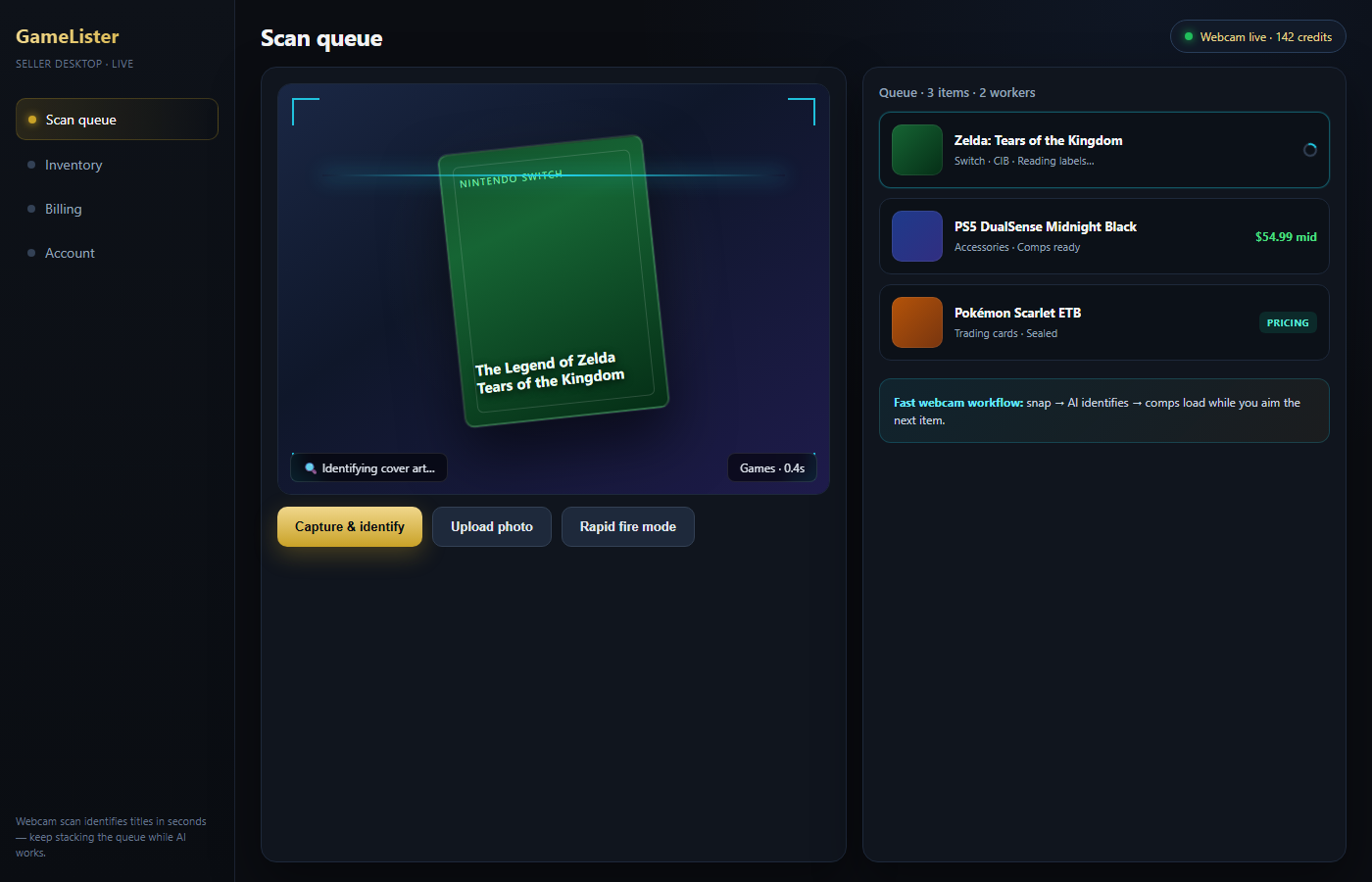 GameLister webcam scan queue identifying a game while other items process